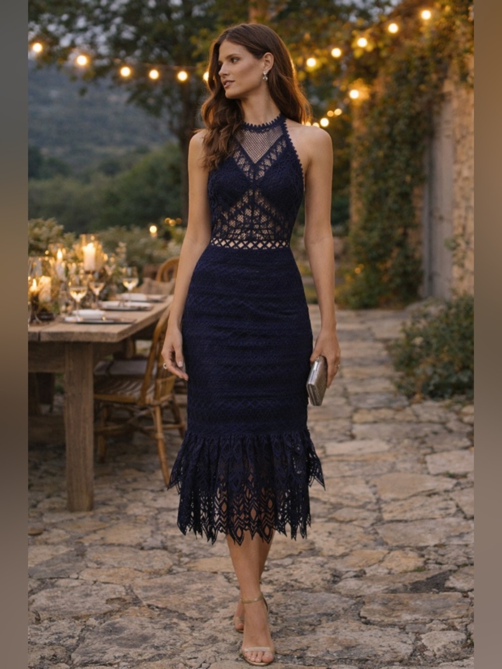 Jonathan Simkhai Navy Lace Midi Dress Sz 0 Sheer Panel Cocktail